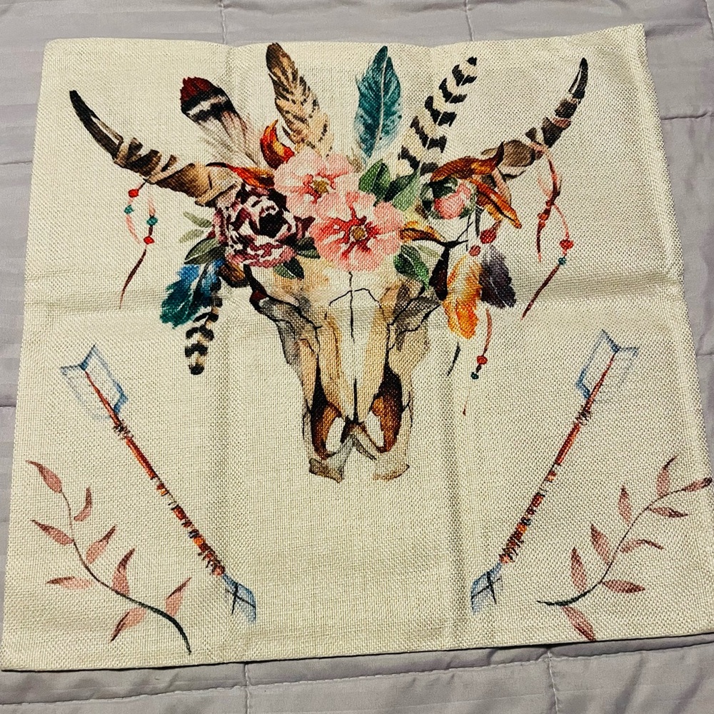 AOYEGO Watercolor Bull's Head with Flowers Throw Pillow Cover